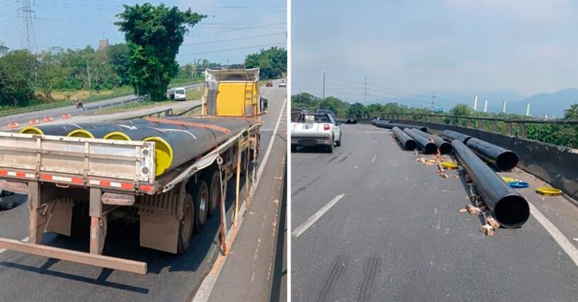 Derramamento de carga bloqueia faixa de rodovia da Baixada Santista