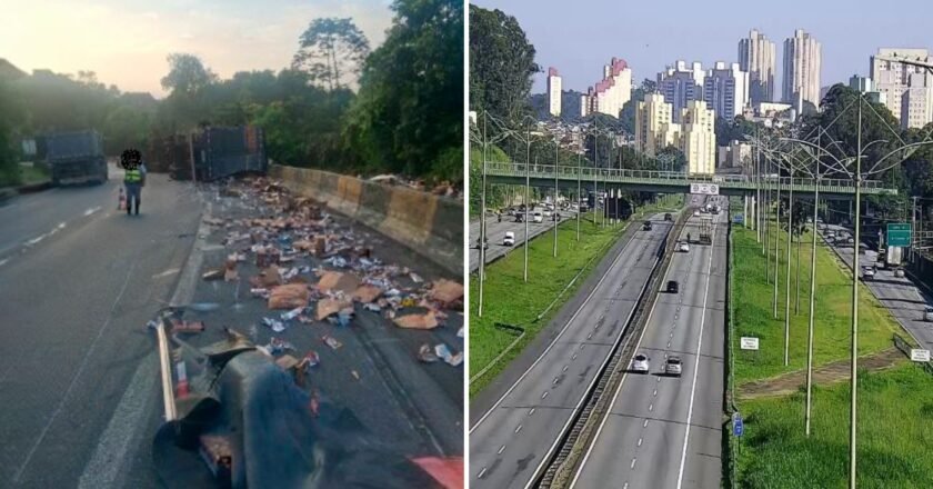 Tombamento de carreta bloqueia faixas em rodovia da Baixada Santista