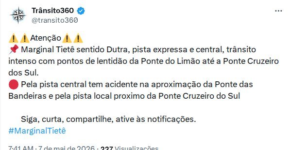 Trânsito intenso na Marginal Tietê sentido Dutra