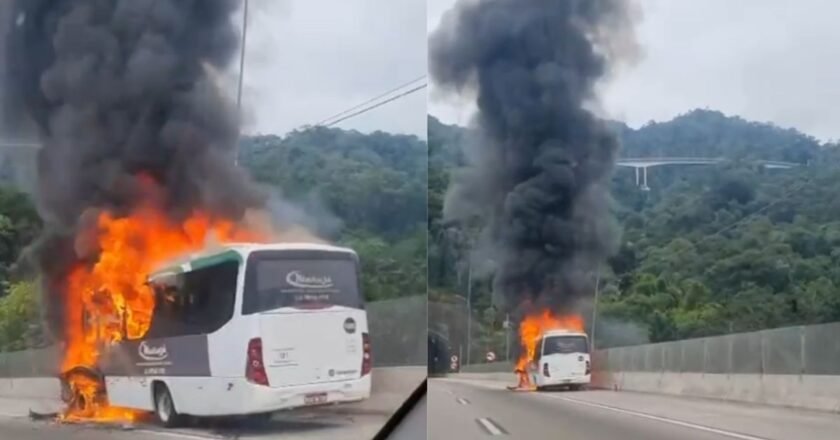 Incêndio em micro-ônibus trava túnel de rodovia do litoral