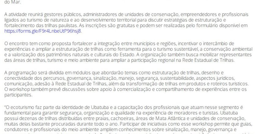 Profissionais de ecoturismo em Ubatuba podem participar de workshop
